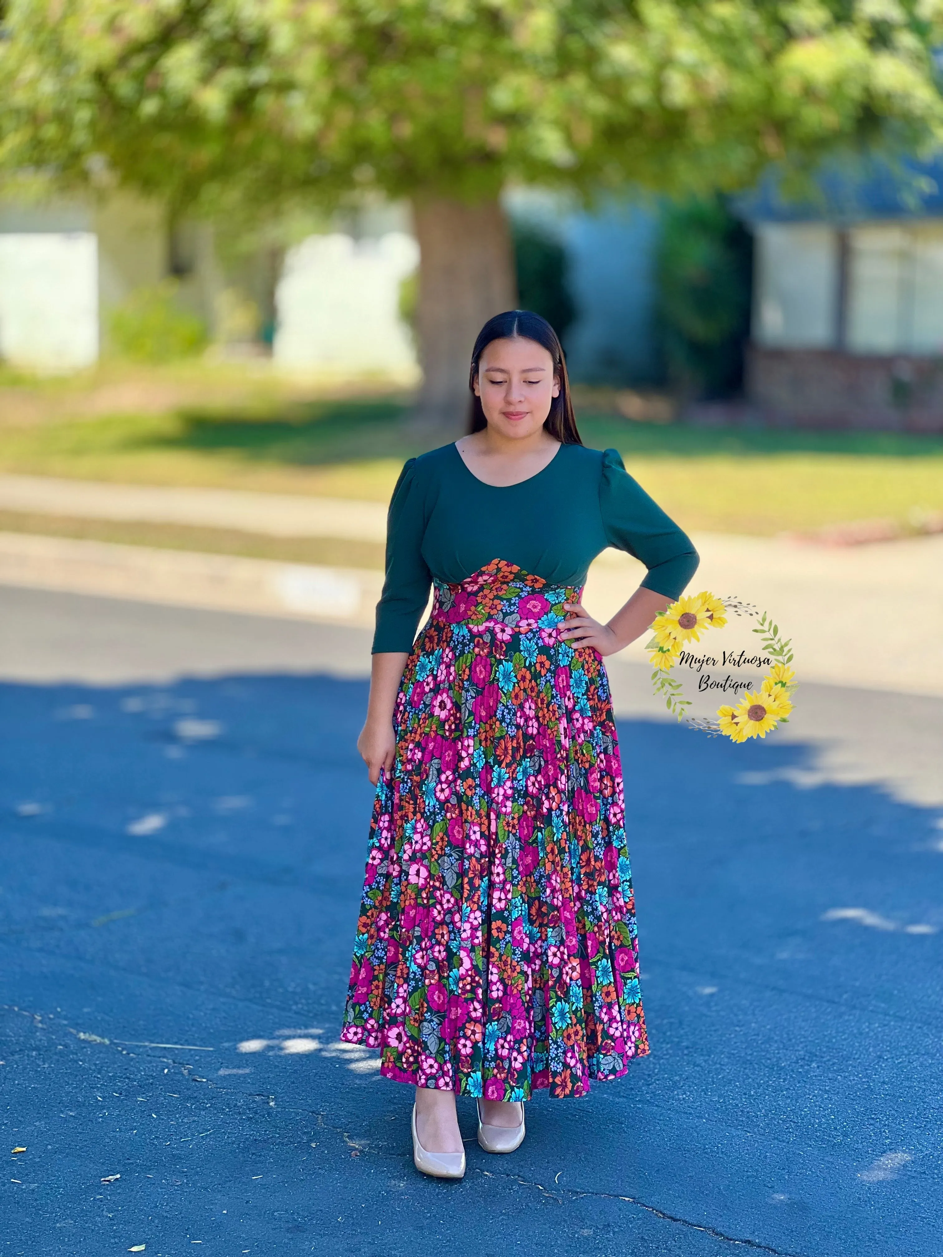 Cristel Green & Pink Floral Pleated Dress