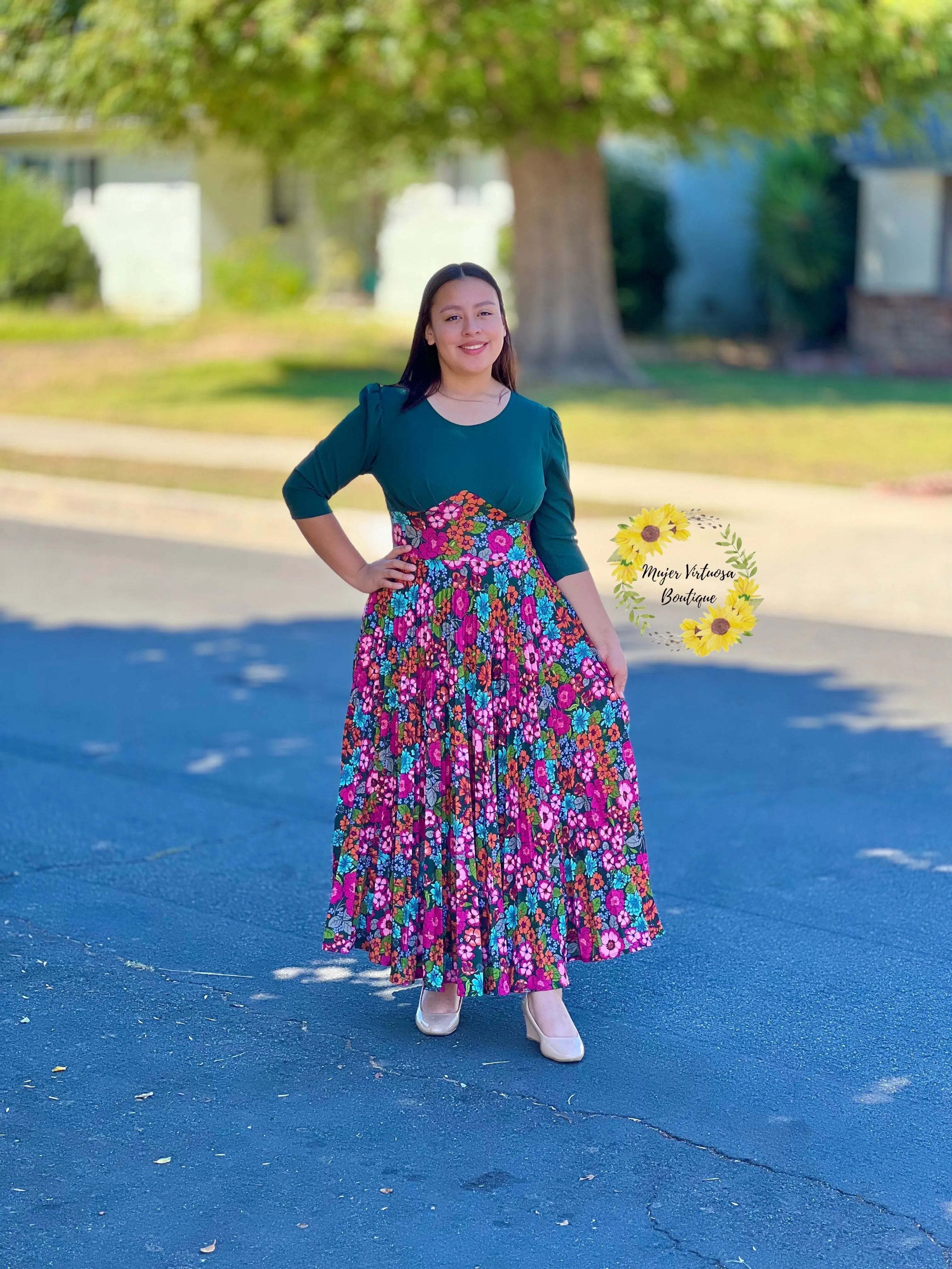 Cristel Green & Pink Floral Pleated Dress