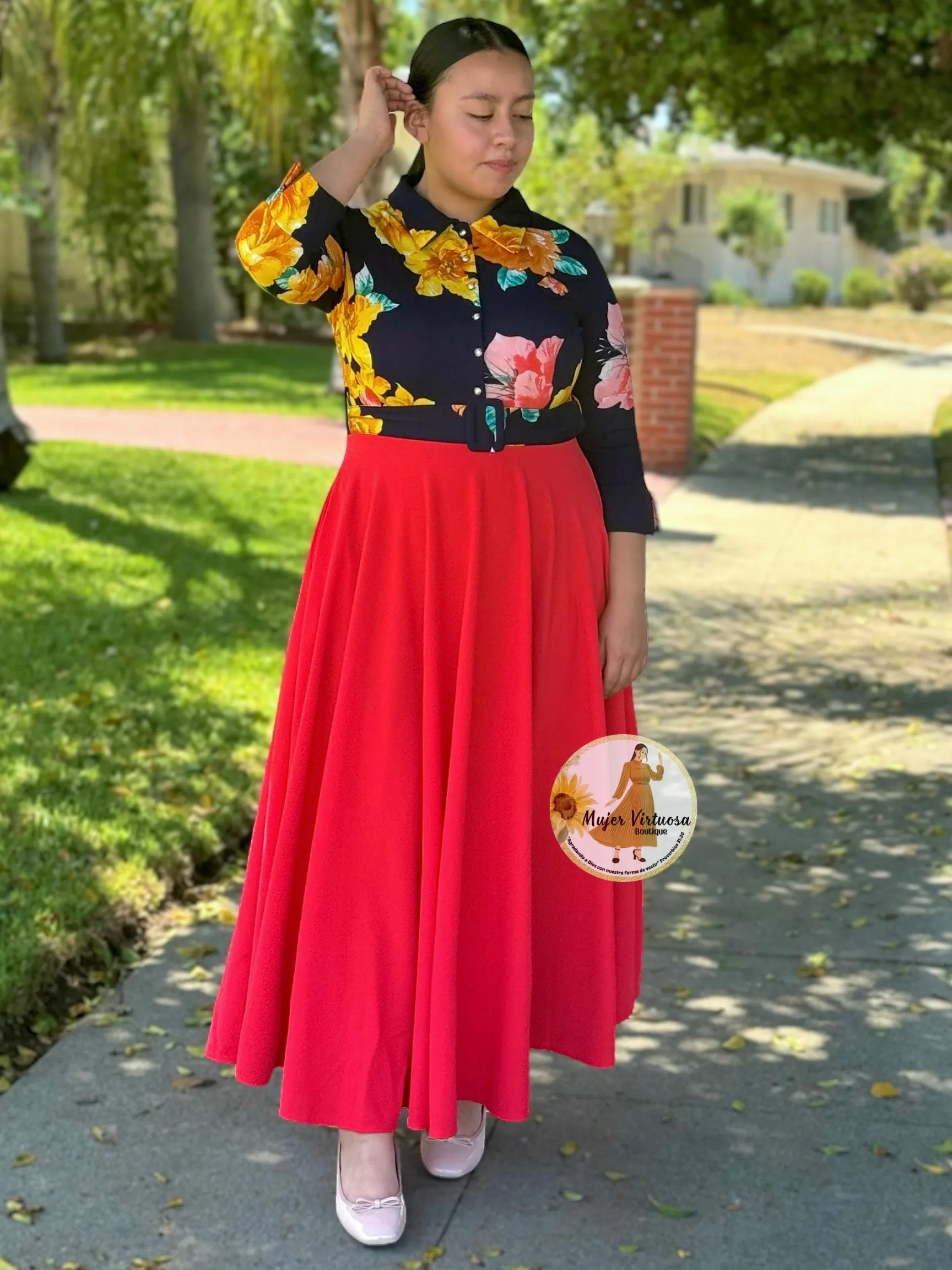 Hadassah Navy & Coral Belted Floral Dress