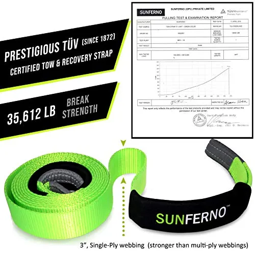 Sunferno Recovery Tow Strap 35000lb - Recover Your Vehicle Stuck in Mud/Snow - Heavy Duty 3" x 20' Winch Snatch Strap - Protective Loops, Water-Resistant - Off Road Truck Accessory - Bonus Storage Bag