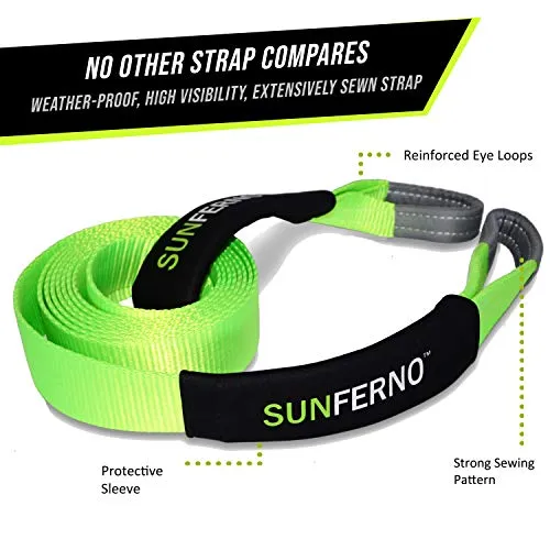 Sunferno Recovery Tow Strap 35000lb - Recover Your Vehicle Stuck in Mud/Snow - Heavy Duty 3" x 20' Winch Snatch Strap - Protective Loops, Water-Resistant - Off Road Truck Accessory - Bonus Storage Bag