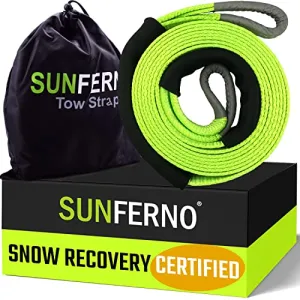 Sunferno Recovery Tow Strap 35000lb - Recover Your Vehicle Stuck in Mud/Snow - Heavy Duty 3" x 20' Winch Snatch Strap - Protective Loops, Water-Resistant - Off Road Truck Accessory - Bonus Storage Bag