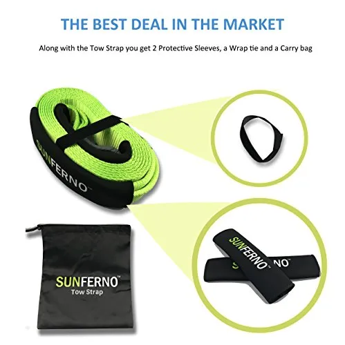 Sunferno Recovery Tow Strap 35000lb - Recover Your Vehicle Stuck in Mud/Snow - Heavy Duty 3" x 20' Winch Snatch Strap - Protective Loops, Water-Resistant - Off Road Truck Accessory - Bonus Storage Bag