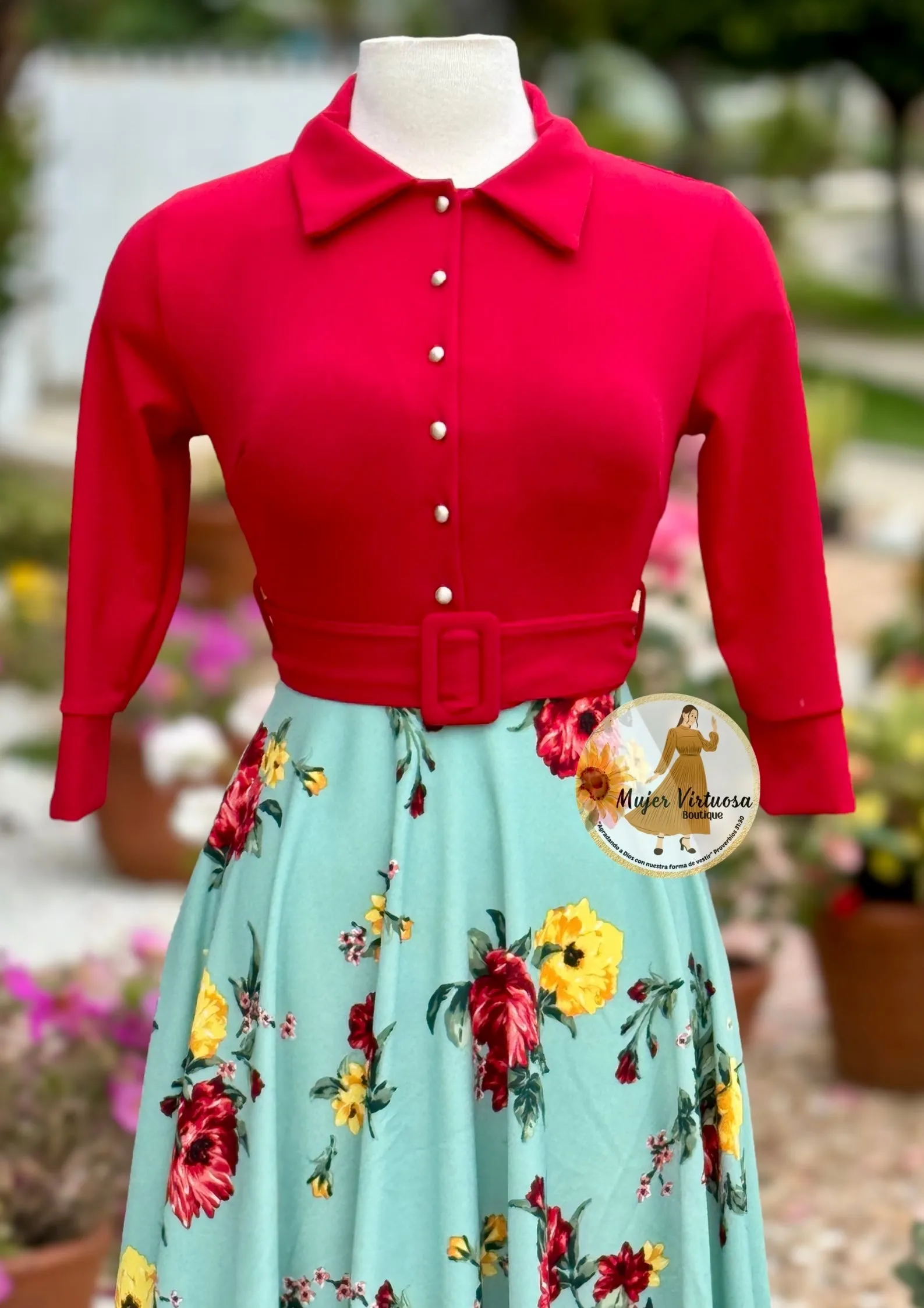 Tamar Red Belted Floral Dress